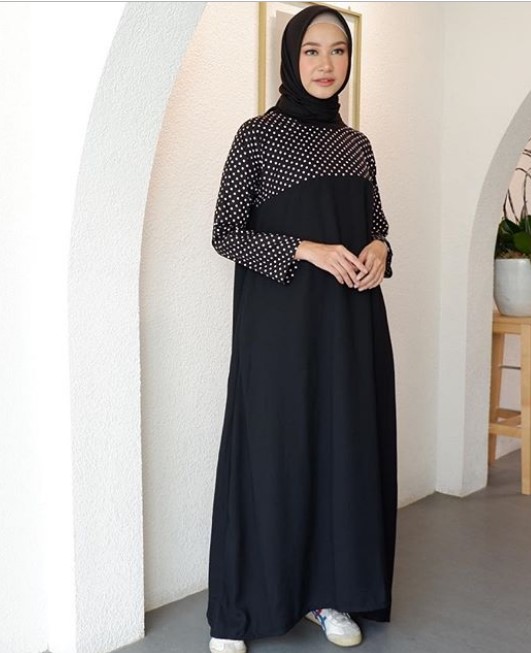 Baju Gamis Katun Jepang Polos Murah Kombinasi Polkadot Simple Hitam