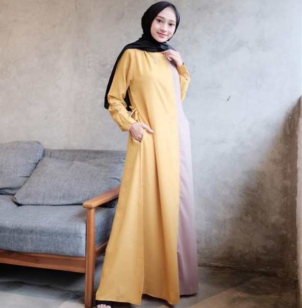 Baju Gamis Modern Anak Muda Terbaru Tali Pinggang Kuning Cream