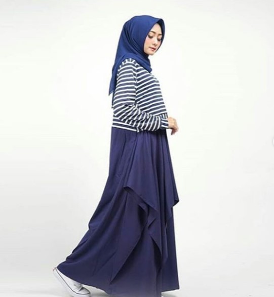 Baju Gamis Modern untuk Anak Muda Trend Sekarang Stripe Rok Tumpuk Navy
