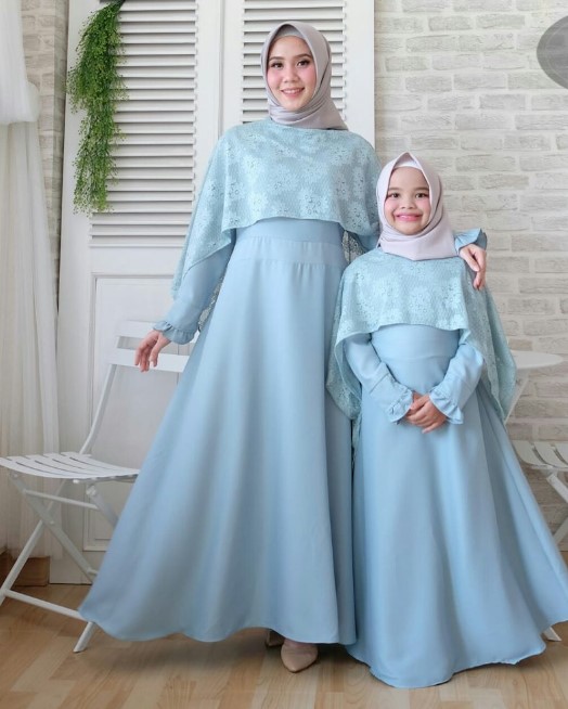 Baju Gamis Pesta Couple Ibu dan Anak Perempuan Brokat Cape Blue Sea