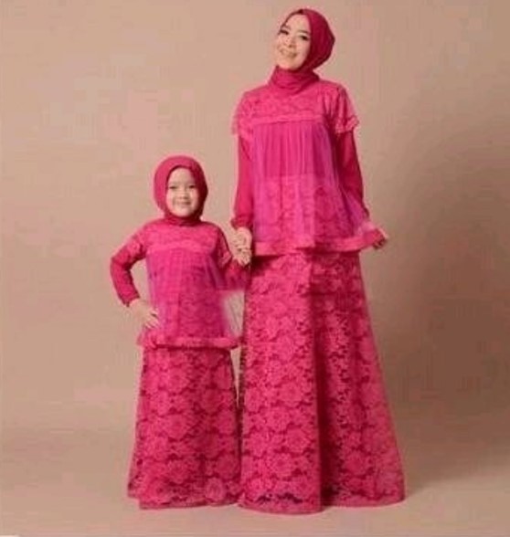 Baju Gamis Pesta Couple Ibu dan Anak Perempuan Brokat Sifon Merah