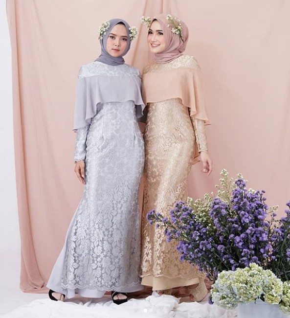 Baju Gamis Pesta Mewah Dan Elegan Sabrina Sifon Brokat Soft Grey Cream Nude