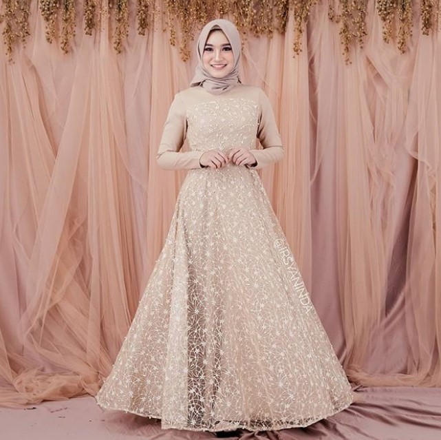 Baju Gamis Pesta Mewah Dan Elegan Sifon Tile Cream Nude