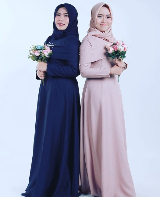 Baju Gamis Pesta Mewah Terkini Modern Sabrina Simple Sifon Aksen Mutiara Navy Soft Pink