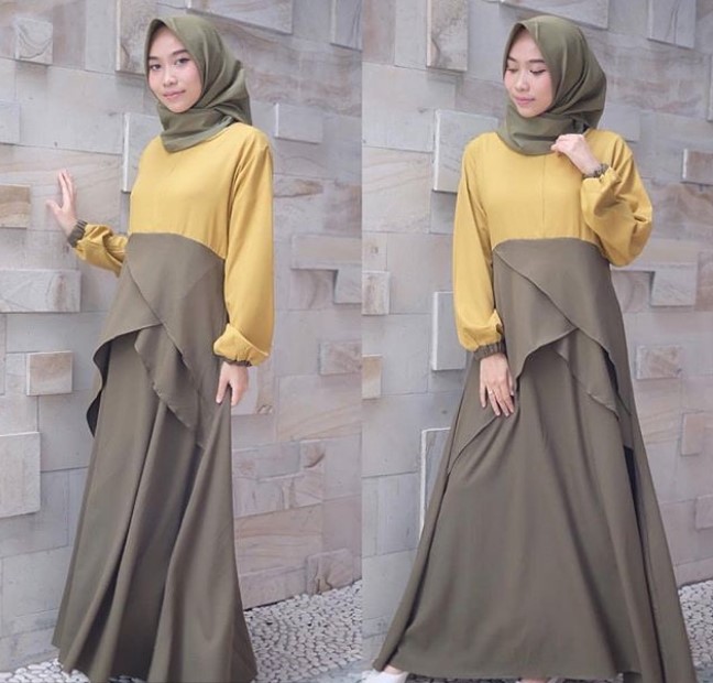 Baju Gamis Tanah Abang Blok A Modern Kombinasi Dua Warna Army Kuning