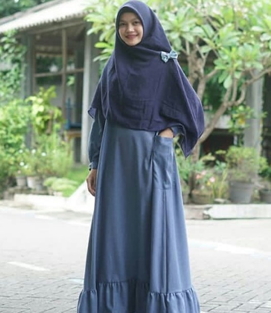 Baju Gamis Tanah Abang Online Model Syar’i Simpel Kantong Samping Biru Tua