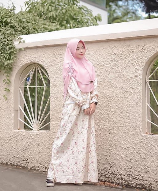 Baju Gamis Tanah Abang Syar'i Blok A Simple Motif Broken White Pink