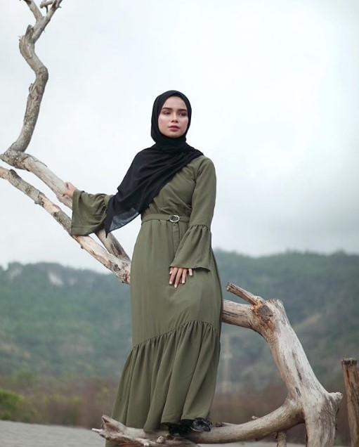 Baju Gamis Tanah Abang Syar'i Blok A Simple Rok Lengan Rempel Ikat Pinggang Army