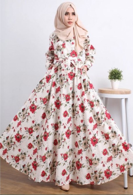 Gamis Bahan Katun Jepang Motif Bunga Ikat Pinggang Putih Merah