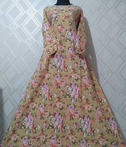 Gamis Bahan Katun Jepang Motif Bunga Simpel Cream