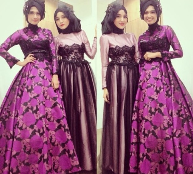 Gamis Batik Kombinasi Brokat untuk Pesta Ungu