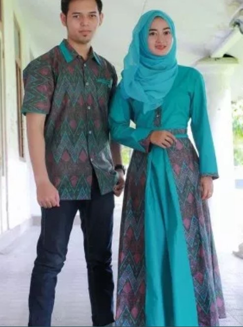 Gamis Batik Kombinasi Kain Polos Couple Biiru Muda
