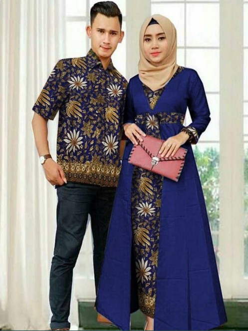Gamis Batik Kombinasi Kain Polos Couple Birel