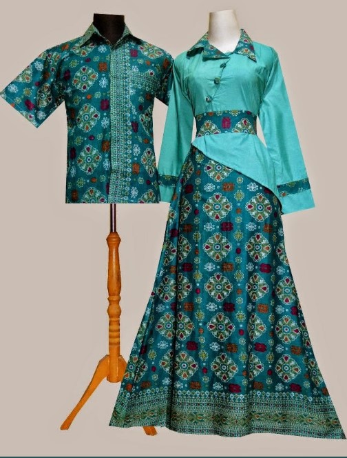 Gamis Batik Kombinasi Kain Polos Couple Biru Langit
