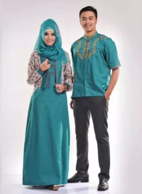 Gamis Batik Kombinasi Kain Polos Couple Biru