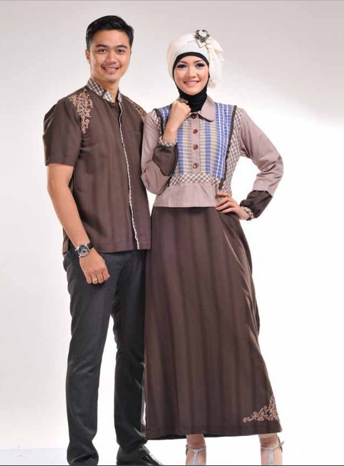Gamis Batik Kombinasi Kain Polos Couple Katun Coklat Tua