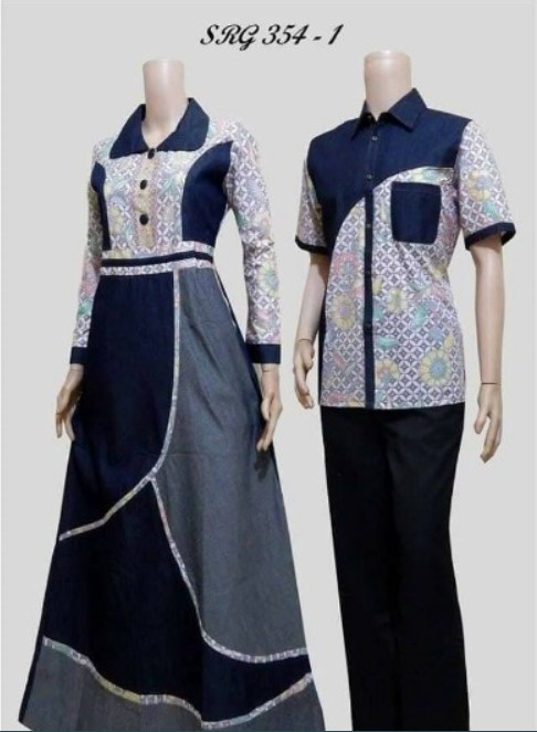 Gamis Batik Kombinasi Kain Polos Couple Navy