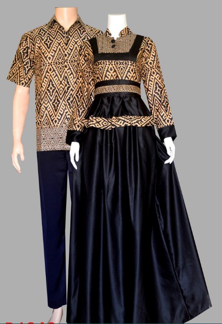 Gamis Batik Kombinasi Kain Polos Couple Satin Hitam Coklat