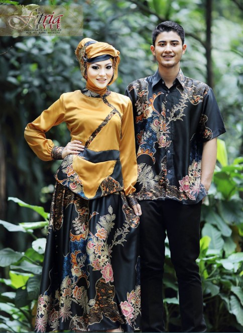 Gamis Batik Kombinasi Kain Polos Couple Satin Kuning HItam