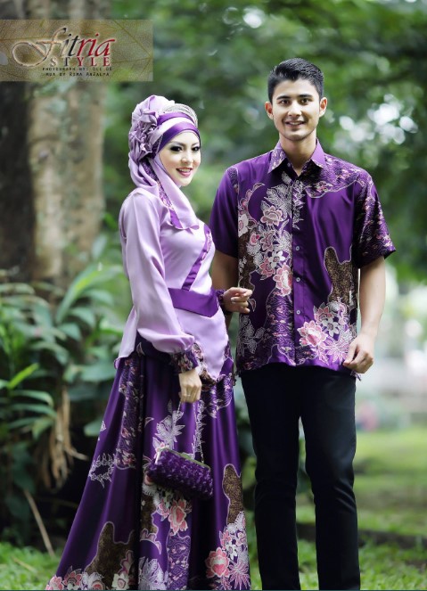 Gamis Batik Kombinasi Kain Polos Couple Satin Ungu