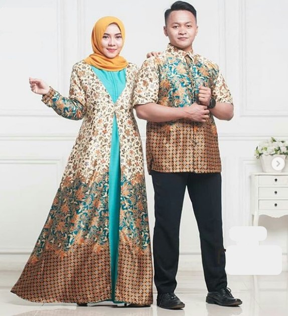 Gamis Batik Kombinasi Kain Polos Satin Kekinian Blazer Panjang Biru Tosca