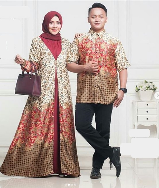 Gamis Batik Kombinasi Kain Polos Satin Kekinian Blazer Panjang Merah Maroon