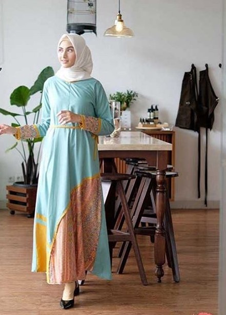 Gamis Batik Kombinasi Kain Polos Satin Kekinian Tali Pinggang Navy Pink Soft Blue