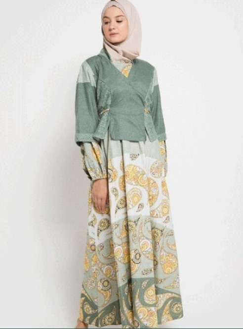 Gamis Batik Kombinasi Kain Polos Terbaru Abu Tua