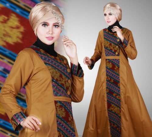 Gamis Batik Kombinasi Kain Polos Terbaru Coklat Muda