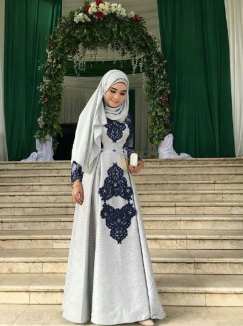 Gamis Batik Kombinasi Kain Polos Terbaru Grey