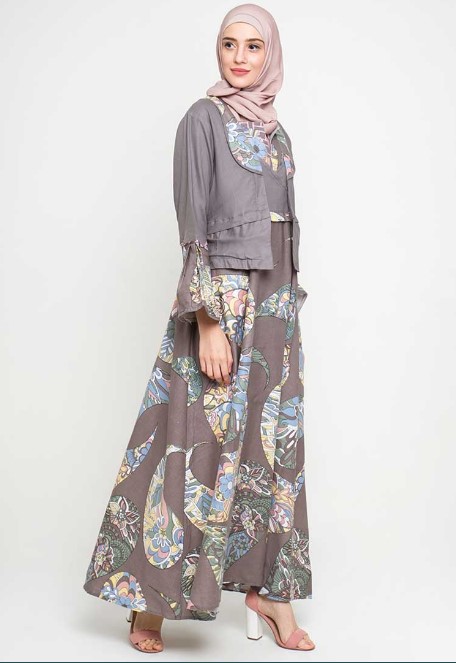 Gamis Batik Kombinasi Kain Polos Untuk Remaja Abu Muda Lengan Lonceng