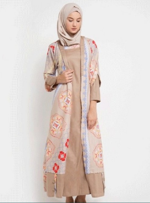 Gamis Batik Kombinasi Kain Polos Untuk Remaja Cream Pastel