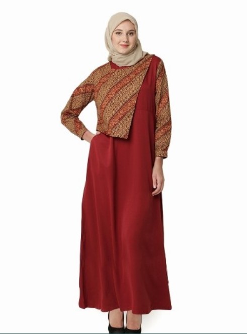 Gamis Batik Kombinasi Kain Polos Untuk Remaja Merah Bata