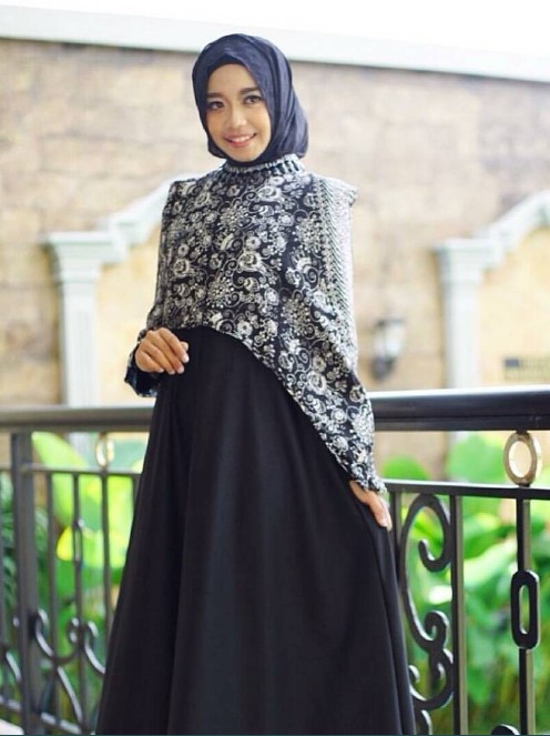 Gamis Batik Kombinasi Kain Polos Untuk Remaja Navy Model Cape