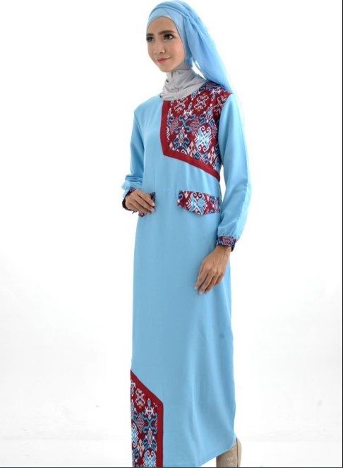 Gamis Batik Kombinasi Kain Polos Wanita Biru Muda