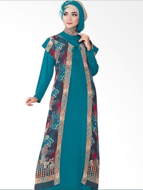 Gamis Batik Kombinasi Kain Polos Wanita Hijau