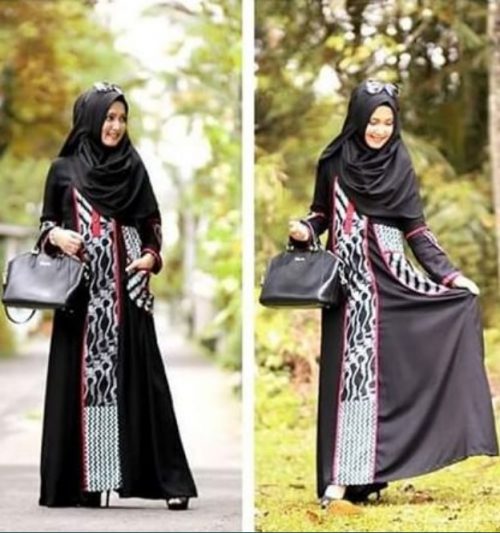 Gamis Batik Kombinasi Kain Polos Wanita Hitam