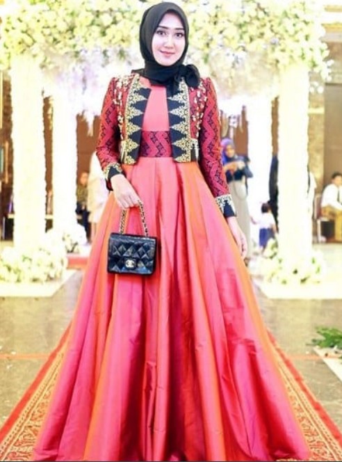 Gamis Batik Kombinasi Kain Polos Wanita Peach Tua
