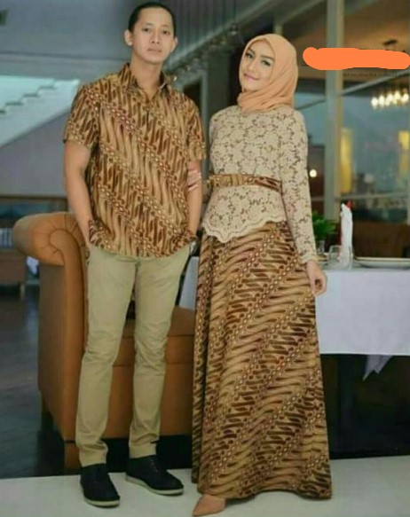 Gamis Batik Kombinasi Polos Modern Terbaru Brokat Soft Nude Cream