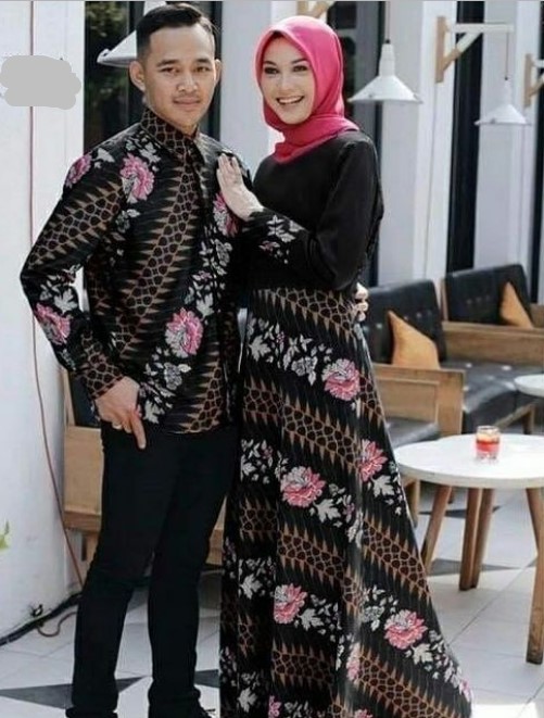 Gamis Batik Kombinasi Polos Modern Terbaru Rok Lebar Warna Hitam