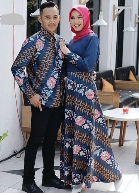 Gamis Batik Kombinasi Polos Modern Terbaru Rok Lebar Warna Soft Navy
