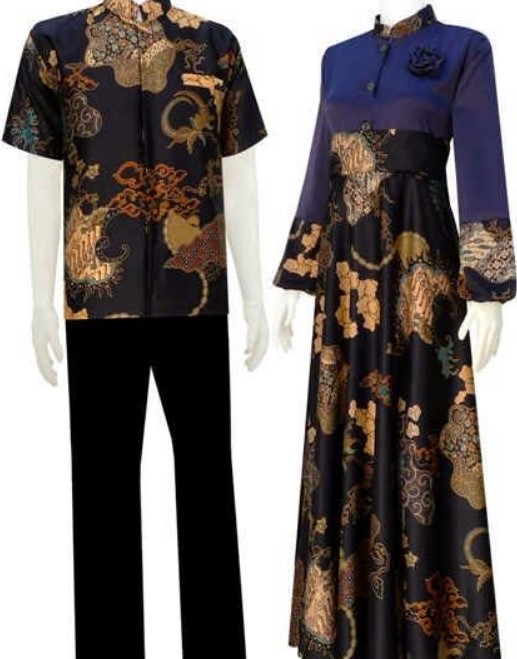 Gamis Batik Kombinasi Polos Satin Modern Aksen Bunga Navy Hitam