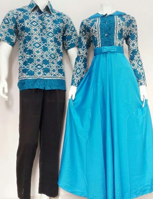Gamis Batik Kombinasi Polos Satin Modern Aksen Pinggang Pita Soft Tosca