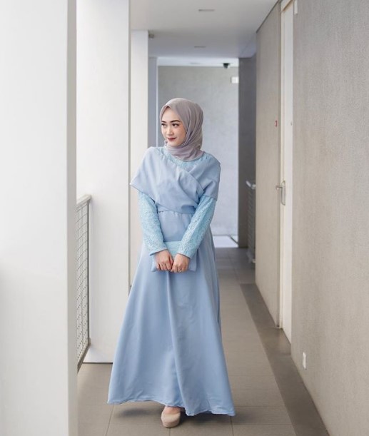 Gamis Brokat Kombinasi Sifon Terbaru Model Slempang Soft Blue
