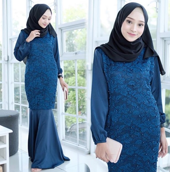 Gamis Brokat Kombinasi Sifon Terbaru Rok Duyung Navy
