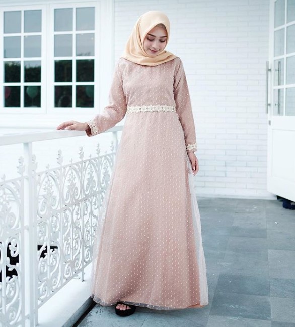 Gamis Brokat Kombinasi Sifon Terbaru Ruby Renda Soft Nude