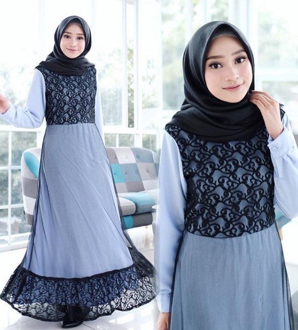 Gamis Brokat Kombinasi Sifon Terbaru Simple Soft Blue Hitam