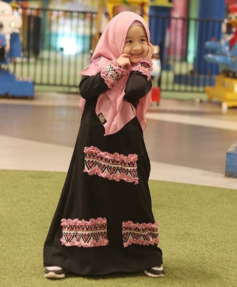 Gamis Katun Anak Katun Jepang Kombinasi Batik Hitam Pink