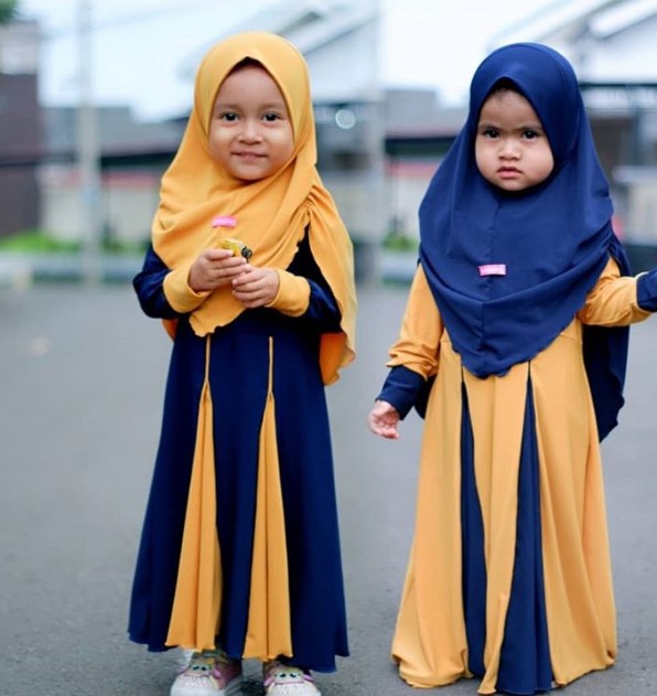 Gamis Katun Anak Katun Jepang Kombinasi Dua Warna Mustard Navy