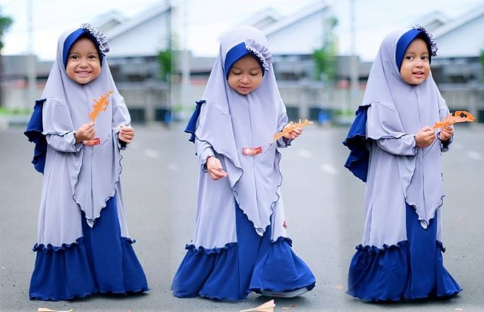 Gamis Katun Anak Katun Jepang Kombinasi Dua Warna Soft Grey Blue